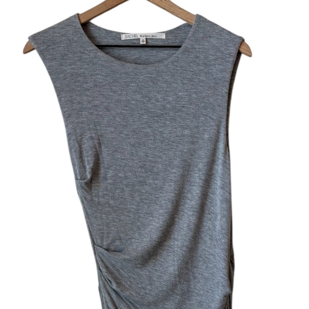 RACHEL Rachel Roy Ruched Bodycon Midi Dress Sz M Stretchy Lightweight Neutral - Picture 2 of 8